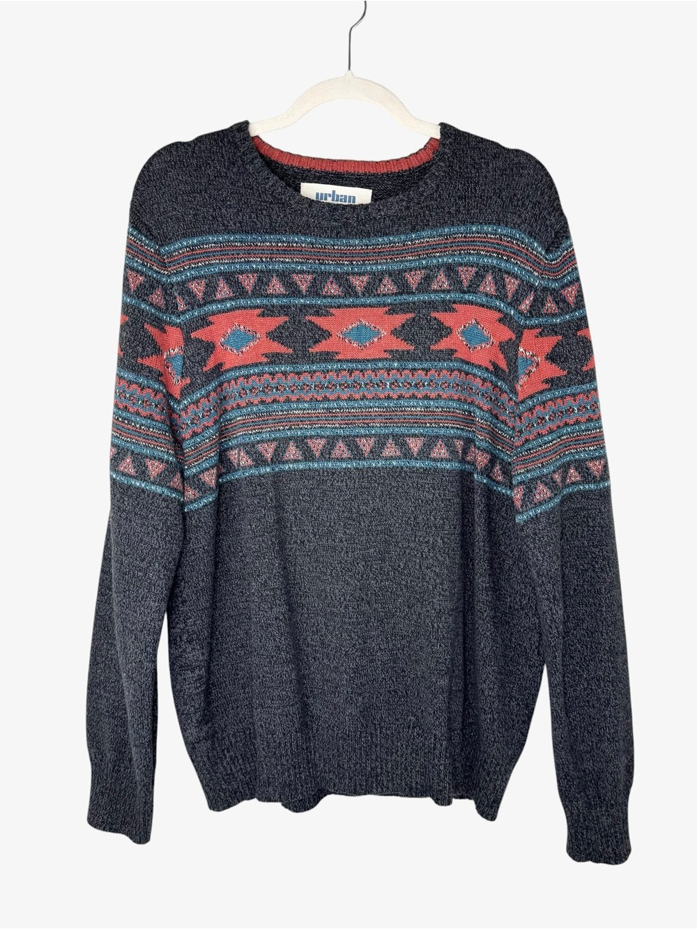 Mens Urban Pipeline XL Aztec Southwestern Fair Isle Knit Sweater Gray Coral Teal